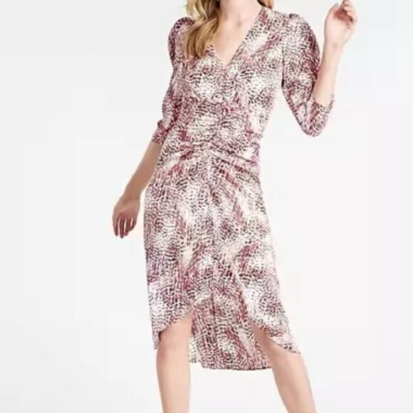 Express Women's Abstract Print Puff Sleeve Ruched Front Hi-Lo Midi Dress XL - Picture 1 of 12